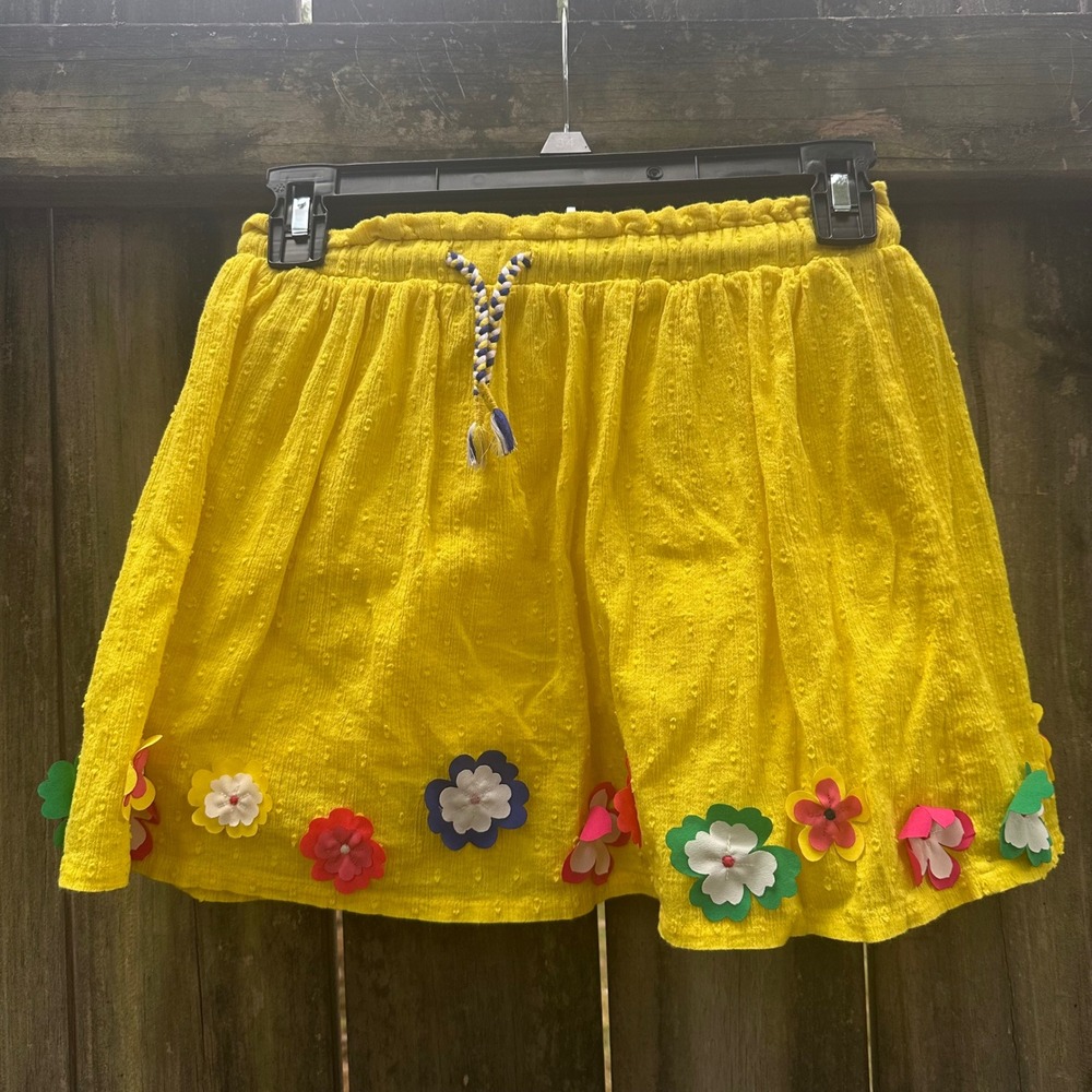 Mini Boden Girls Yellow 3D Floral Applique Cotton Swiss Dot Skater Skirt Sz 8-9Y